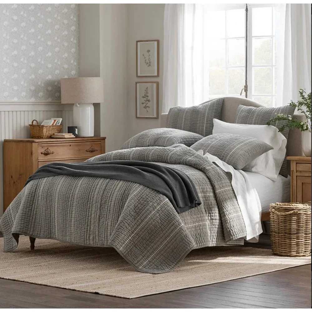 COMPANY STORE STRIPE QUILT F/Q GRAY WITH 2 SHAMS (NWT)